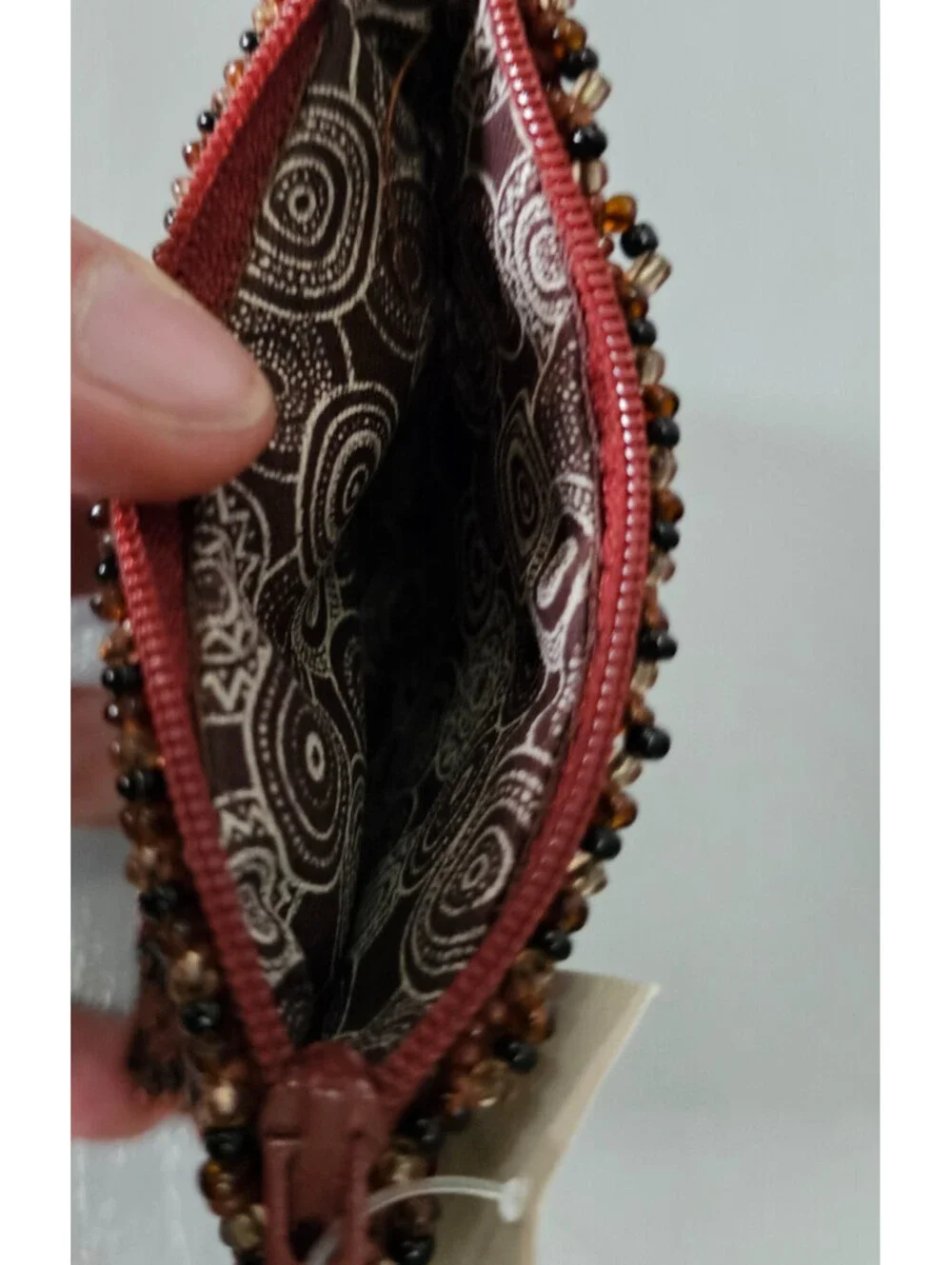 Gap Red Beaded Coin Purse Zip Pouch Brown Black Tribal Geometric NWT